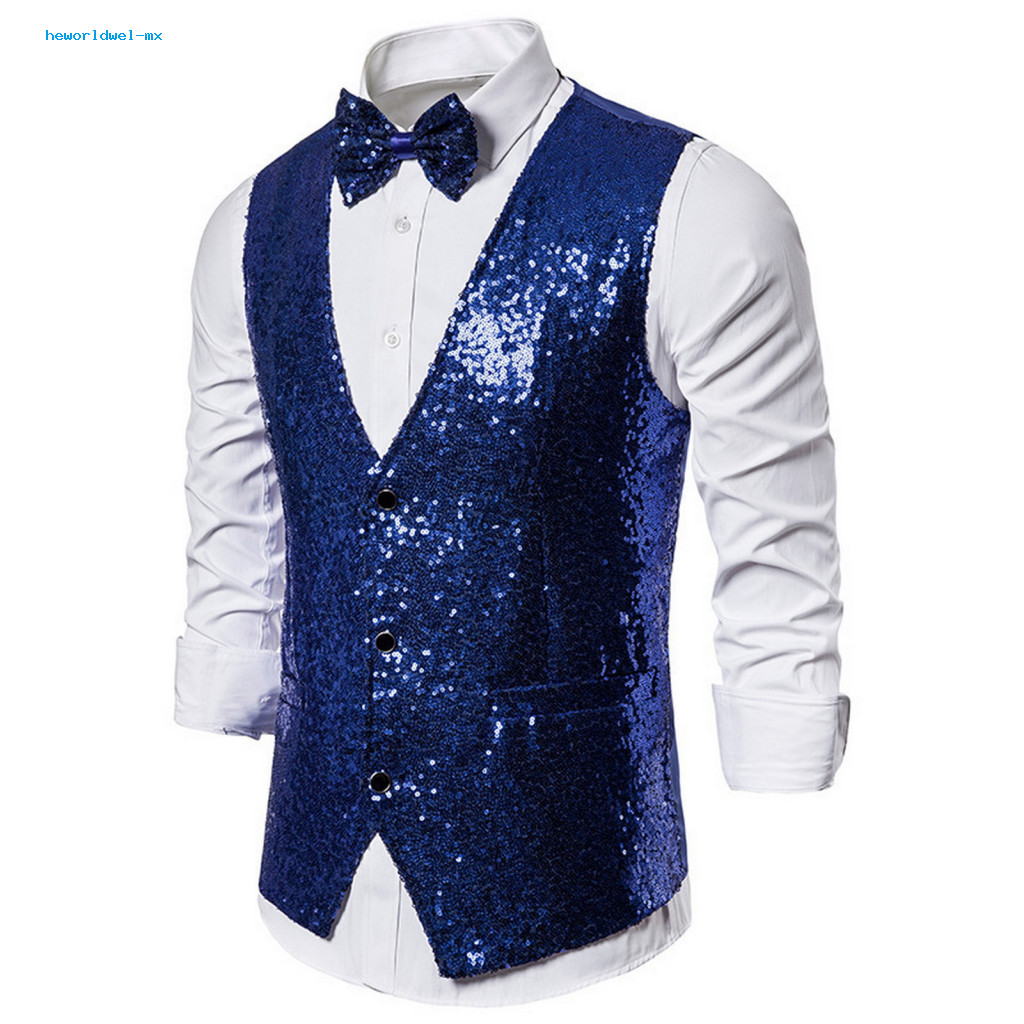 Button Closure Men Vest Jacket Polyester Suit Men's Sequin Bow Tie Set Slim Fit Sleeveless Waistcoat Single-breasted V N