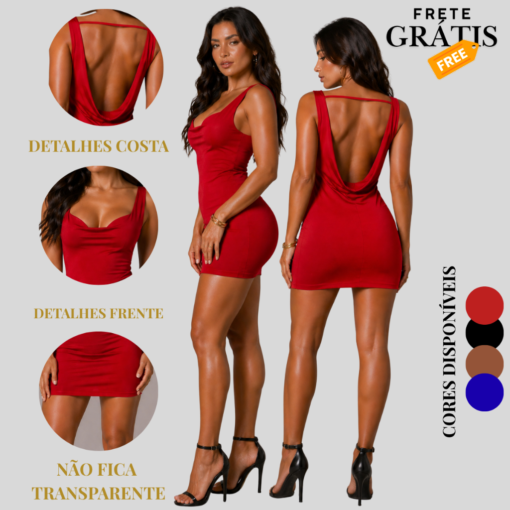 Vestido  Femino Curto Gola Boba Decote Drapeado Costas Abertas Festa|Balada|Moda Gringa