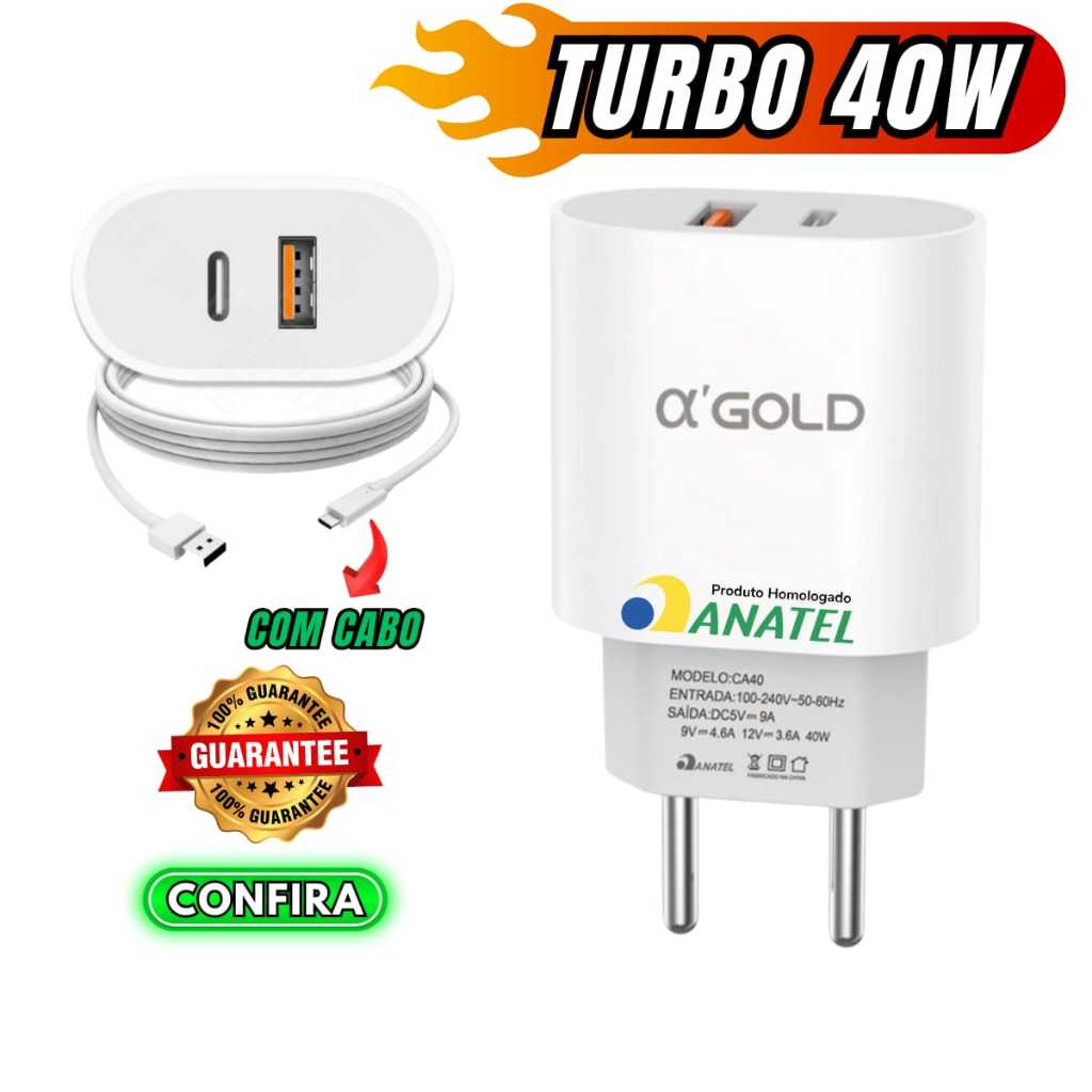 Carregador 40W Turbo com Cabo Tipo C A'Gold Usbc Quick Charger 3.0 Saida 9.1A