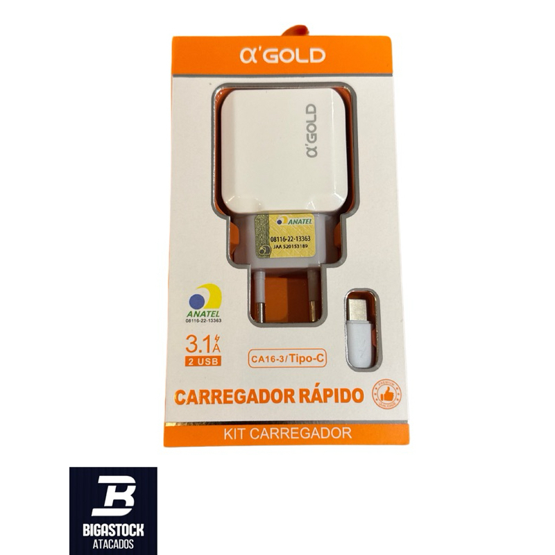 Kit carregador rapido 3.1 tipo c para celular android ou iphone A gold 2 saidas USB