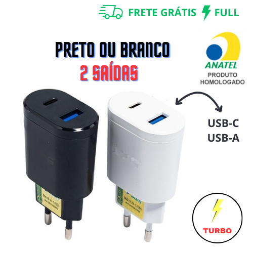 FONTE CARREGADOR TURBO PRETO OU BRANCO 2 SAIDAS USB E TIPO-C 5.1A LE-283