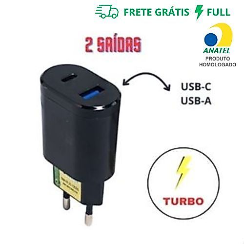 FONTE CARREGADOR TURBO PRETO 2 SAIDA USB E TYPE-C 5.1A LE-283