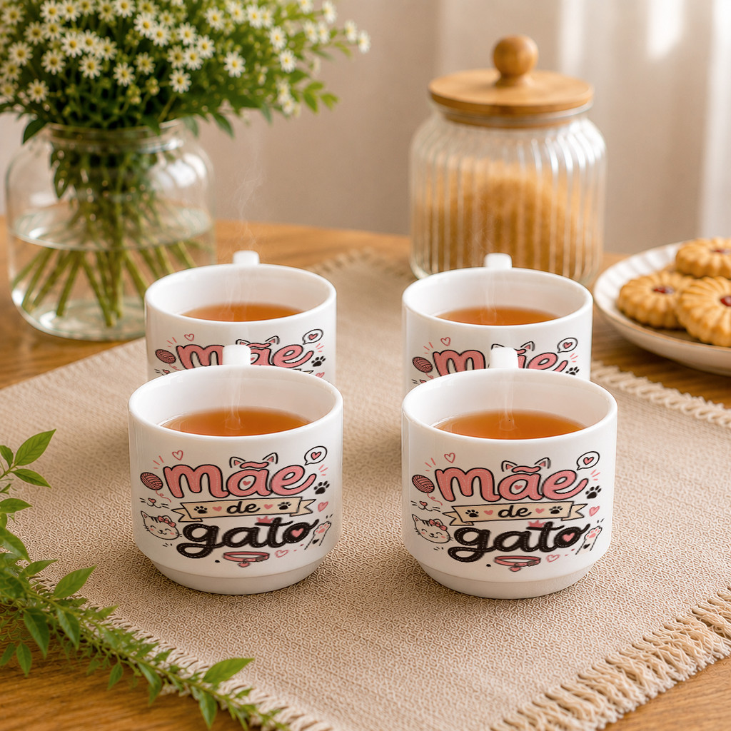 Kit 4 Xícaras Porcelana Mãe de Gato Pet Gatinho Felino Amor
