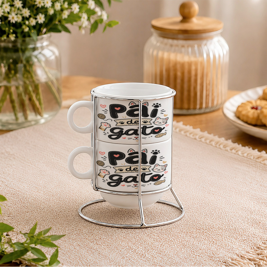 Kit Xícaras com Suporte Pai de Gato Pet Gatinho Felino Amor
