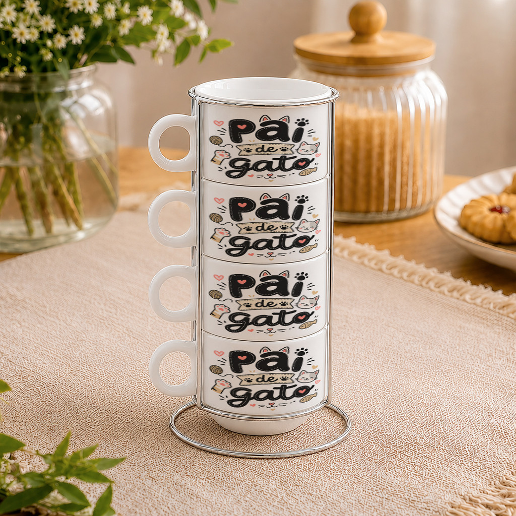 Kit Xícaras com Torre Pai de Gato Pet Gatinho Felino Amor