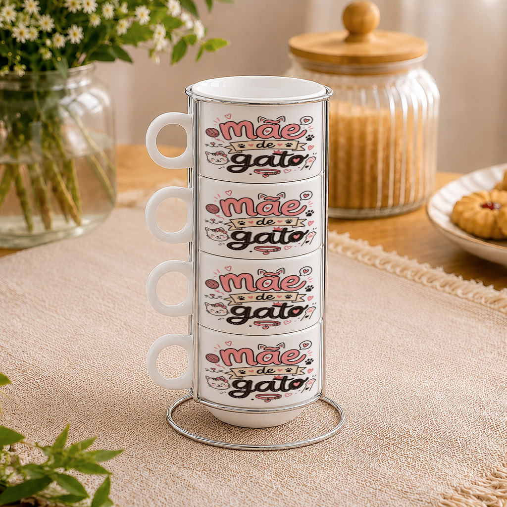 Kit Xícaras com Torre Mãe de Gato Pet Gatinho Felino Amor