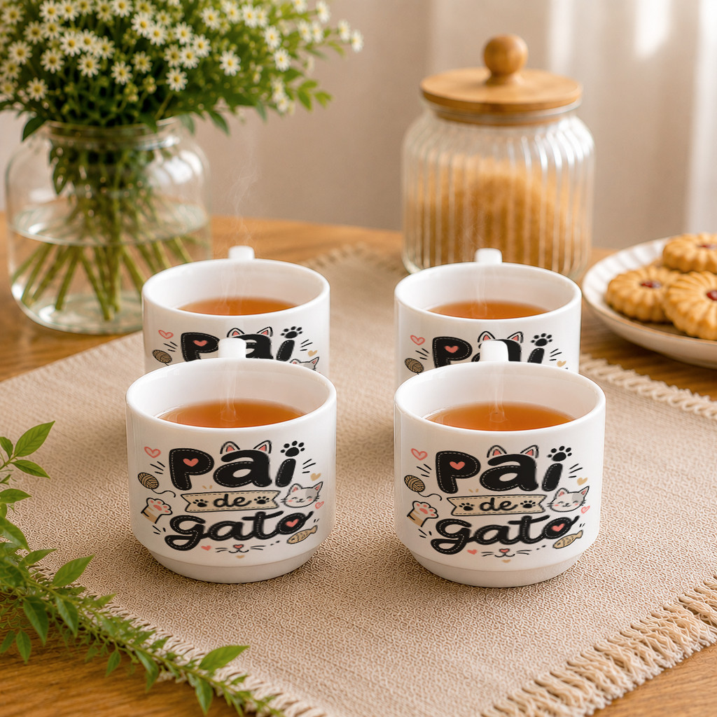 Kit 4 Xícaras Porcelana Pai de Gato Pet Gatinho Felino Amor