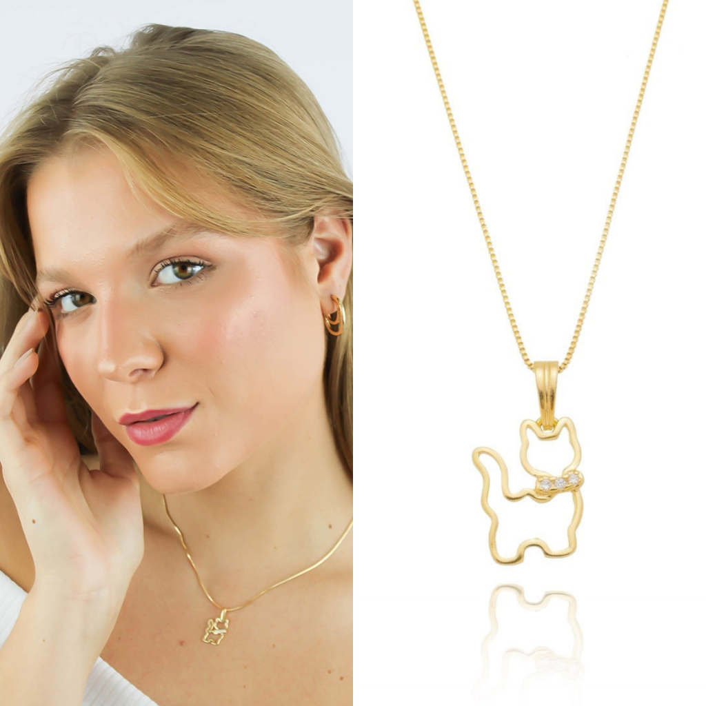 Colar Pingente de Gato Amor PET Presente com Pedras de Zircônias Semi Joias Banhado Ouro 18k