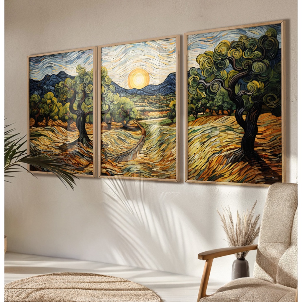 Quadro Van Gogh Paisagem Para Sala Trio De Quadros Decorativos Com Moldura E Vidro Grande Árvores