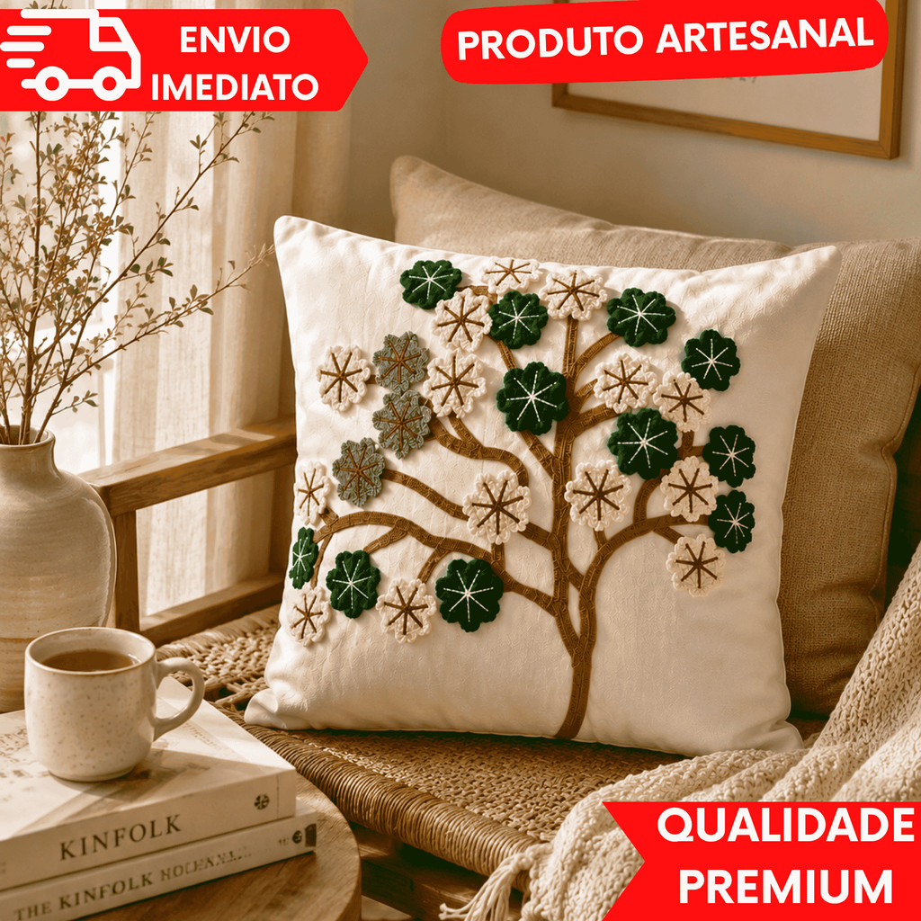 CAPA DE ALMOFADA DECORATIVA ESTILO NATUREZA BORDADA EM ALTO RELEVO
