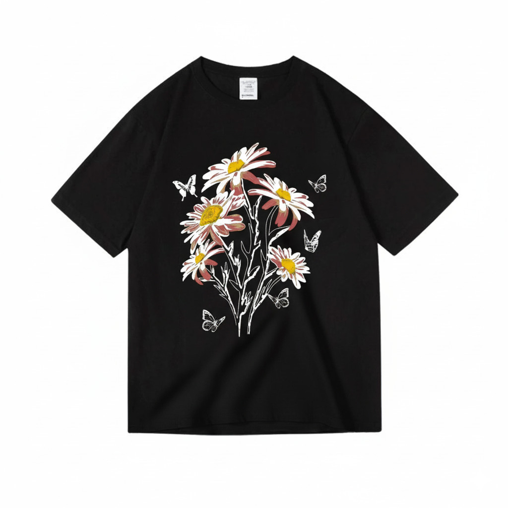 Camiseta Margarida Borboleta Botânica Natureza Serena Linda Confortável Estilosa Moda Casual