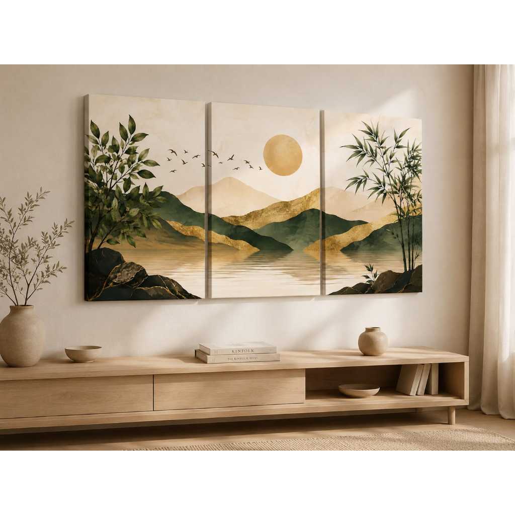Trio quadros decorativos paisagem oriental verde dourado bambu montanhas sol natureza decoração sala moderna estilo zen