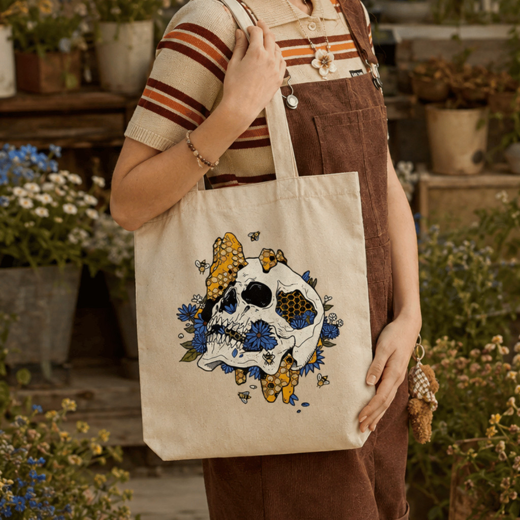 Ecobag Caveira Floral Abelhas Mel Natureza Estampa Estilo Gótica Alternativa Vintage Dark Floral Algodão Cru