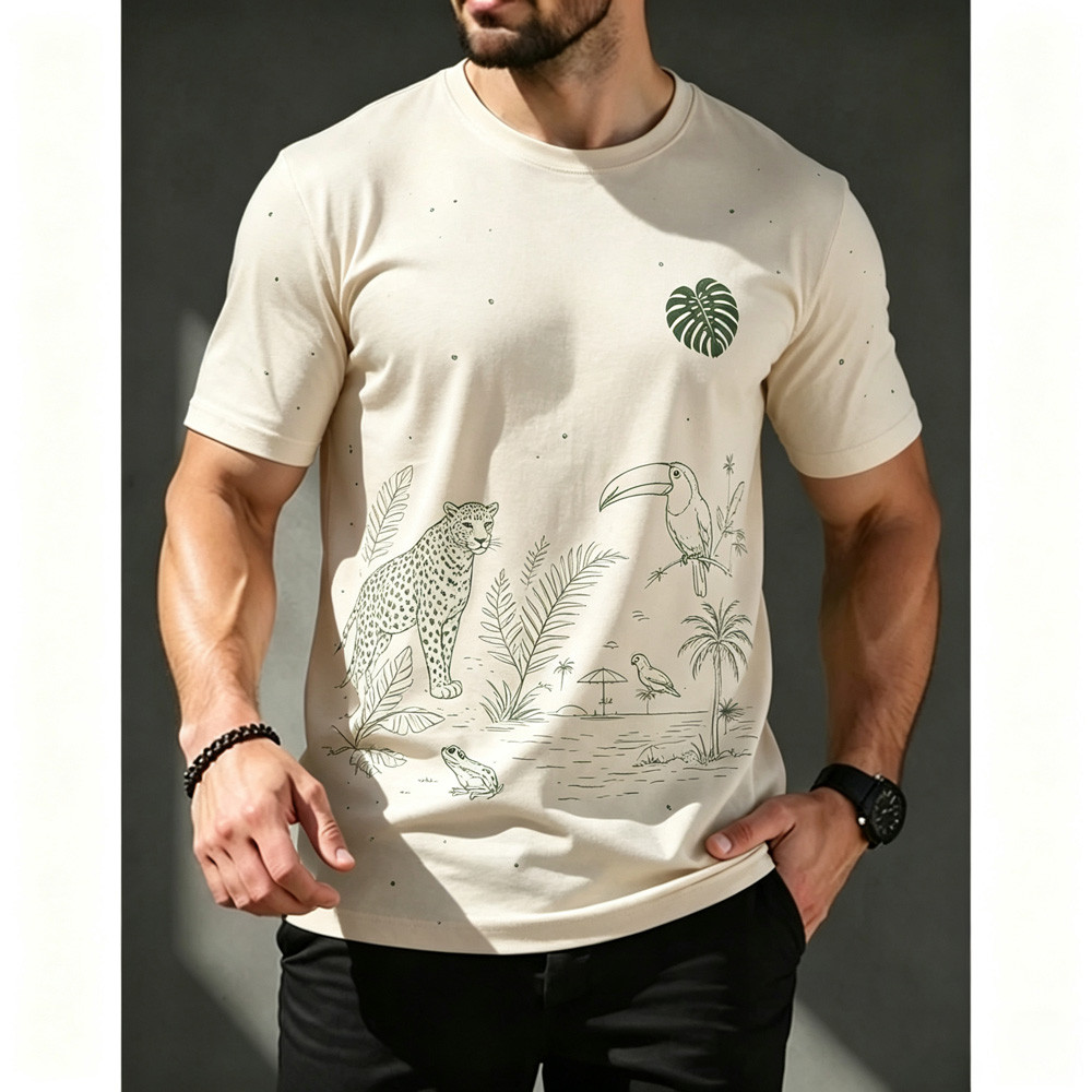 2026 Moda Masculina Artística Natureza Padrão Impresso T Camisa Verão Na Estilo Selva Camiseta Urbana Streetwear Estampa