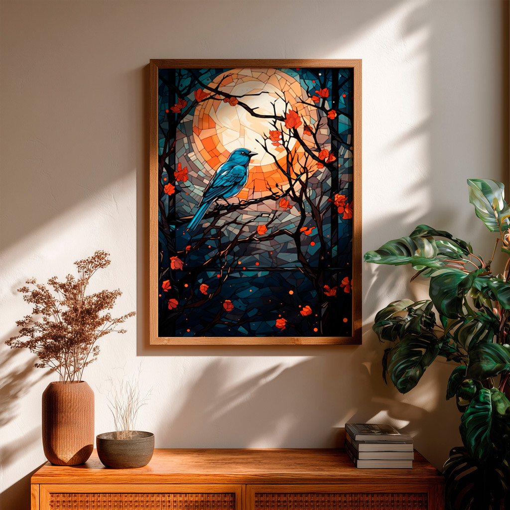 Quadro Pássaro Azul Lua Cheia Noite Galhos Árvores Arte Natureza Inspiração Colorido Estilo Parede