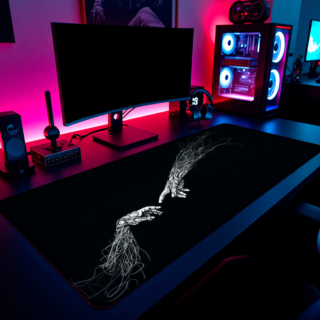 Mouse Pad Maos Obra De Arte Gamer 65x30cm / 80x40cm / 90x50cm / 120x60cm Borda Costurada