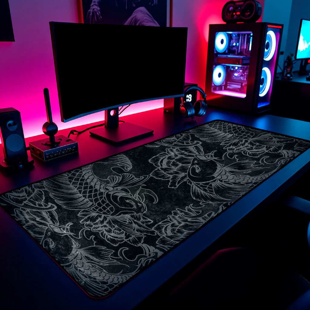 Mouse Pad Carpa Koi Japonesa Dark Grey Gamer 65x30cm / 80x40cm / 90x50cm / 120x60cm Borda Costurada