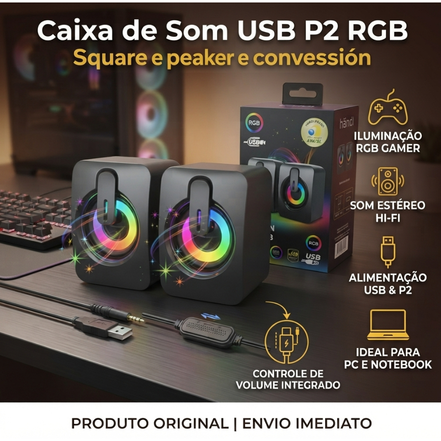 Caixa de Som USB P2 RGB para PC Notebook Estéreo LED