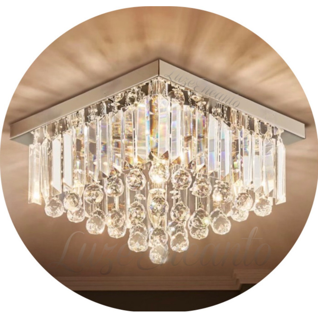 Lustre 40x40 Em Cristais Legítimos K9 Luxo Sala Hall Quarto