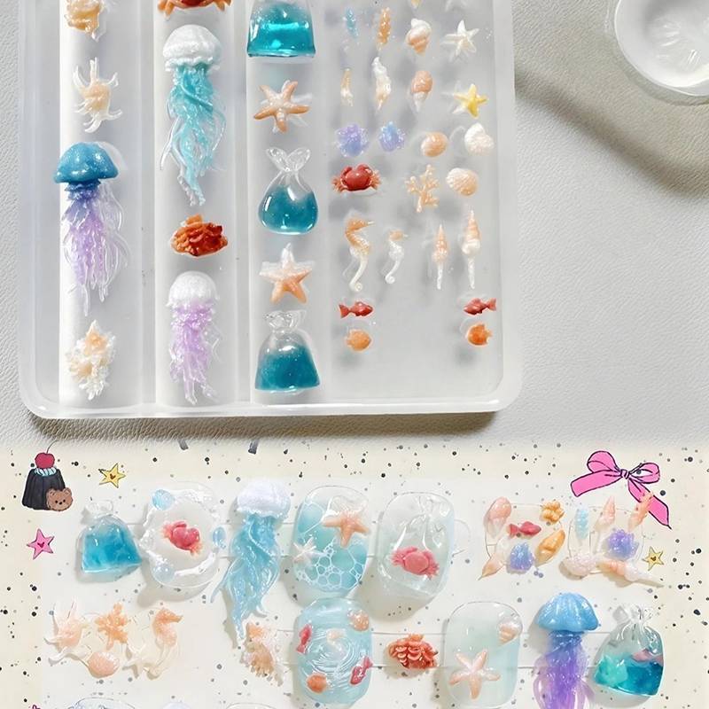 Molde De Silicone Macio Para Arte Em Unhas , Água-Viva , Rabo De Peixe , 3D , Esculpido , Estilo Oceano , Faça Você Mesm