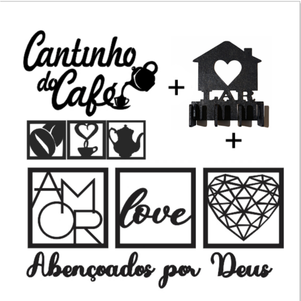 Kit 6 Placas Decorativas + 2 Letreiros + Porta Chaves Lar | Cantinho do Café e Abençoados por Deus