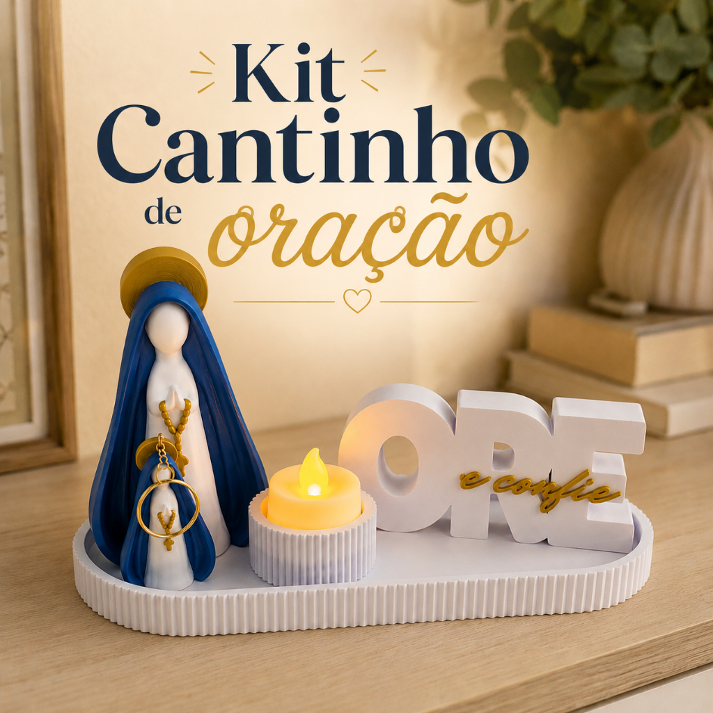 Kit Cantinho de Oração Decorativo Nossa Senhora com Bandeja Vela LED Letreiro e Chaveiro