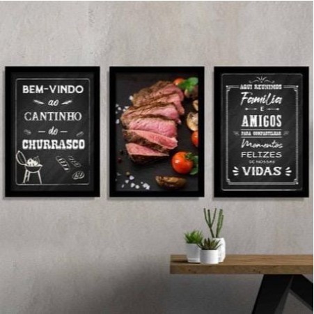 Placa Quadro Decorativo Kit 3 Peças Área Gourmet Bem Vindo Ao Cantinho Do Churrasco