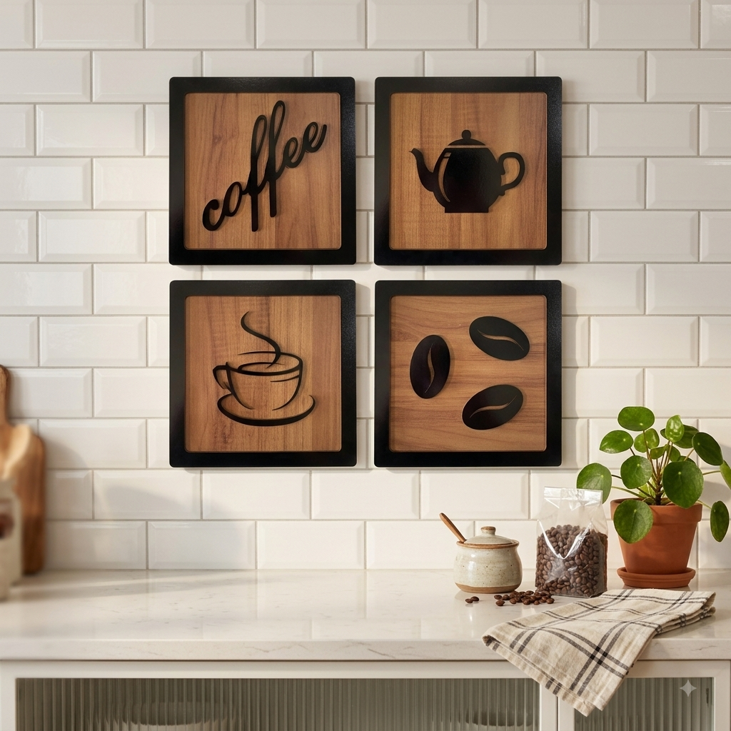Kit 4 Quadros Decorativos Cantinho do Café em MDF 3D em Relevo (15x15 cm)