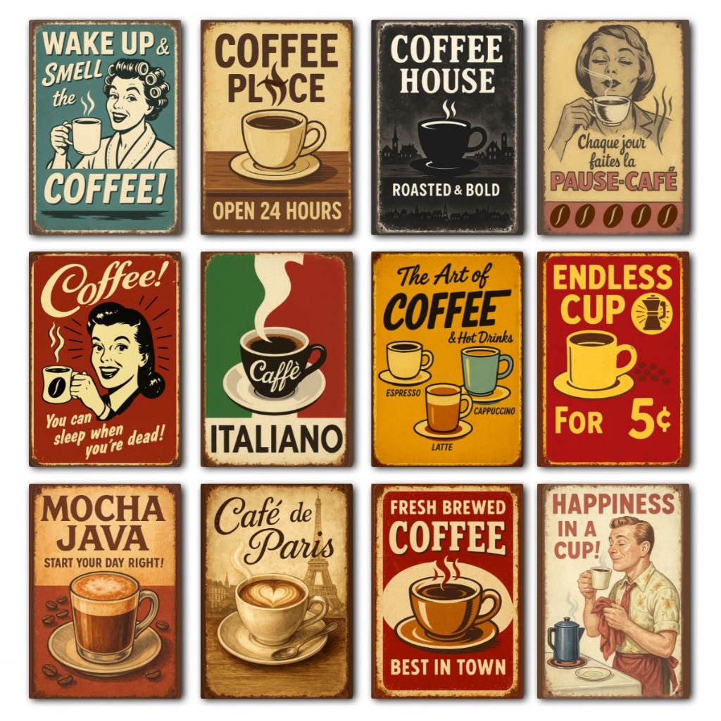 Kit 12 Quadros Decorativos Cantinho do Café Vintage - Feito em Madeira - com Fita  -  Envio Imediato