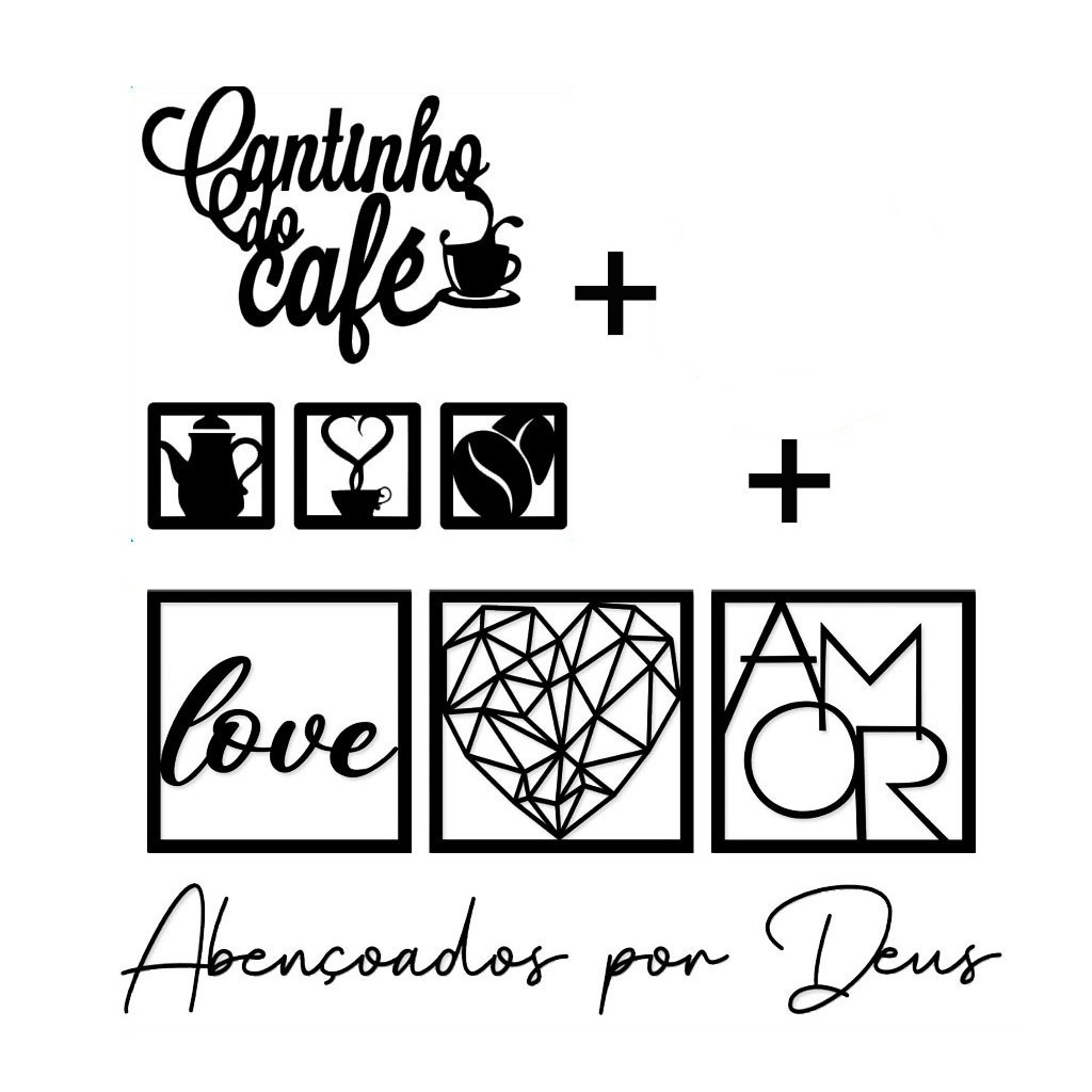 Kit 5 Placas Decorativas + 2 Letreiros Cantinho do Café e Abençoados Por Deus Preto