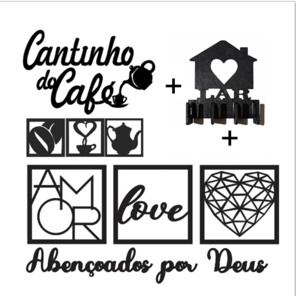 Placas Decorativas Cantinho do Café Kit 6 + 2 Letreiros + Porta Chaves Lar