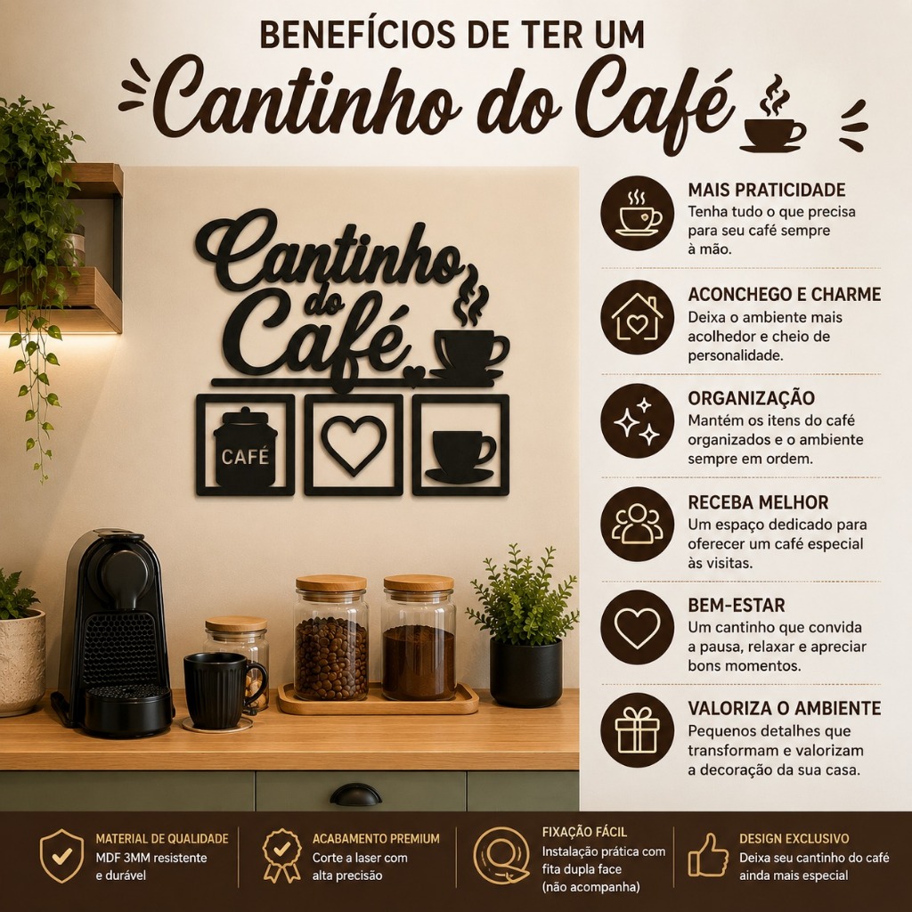 Kit Decoração Cantinho Café MDF 3mm Cozinha Área Gourmet Parede Decorativa Corte a Laser Frase 3 Placas