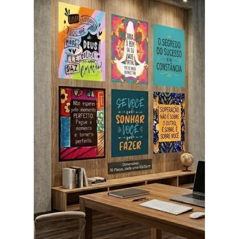 Kit 10 Placas Decorativas Frases Motivacionais Escritório Academia Cantinho Café Quarto MDF 10x15
