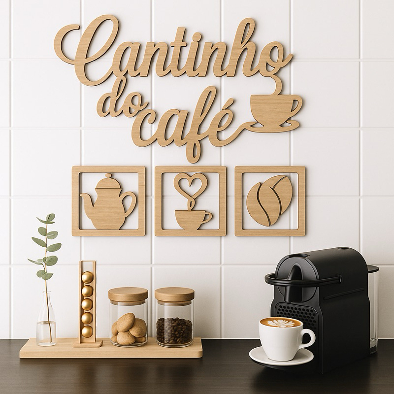 Kit Cantinho do Café em MDF Cru | Frase Decorativa + 3 Quadros | Decoração Cozinha Luxuosa