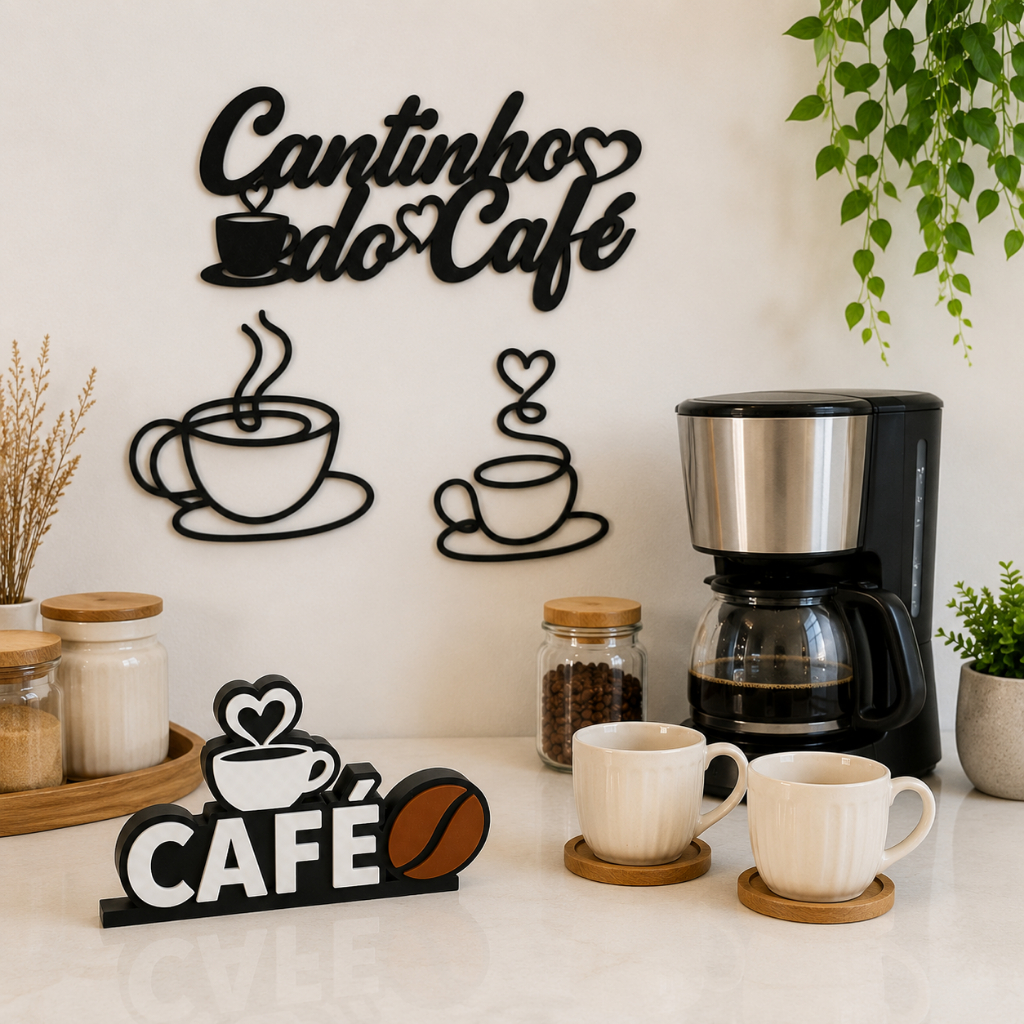 Kit Decoração Cantinho do Café 3D para Parede | Placas Decorativas Cozinha Cafeteria