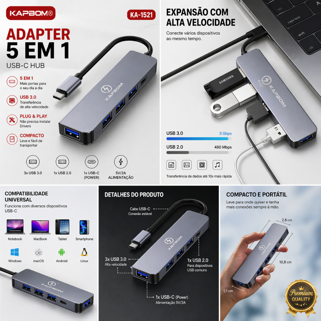 Hub Adaptador USB 5 em 1 Tipo C Multiportas Entradas Com Entrada  TIPO C HUB Porta  USB 5 Em 1 Adaptador Multidivisor