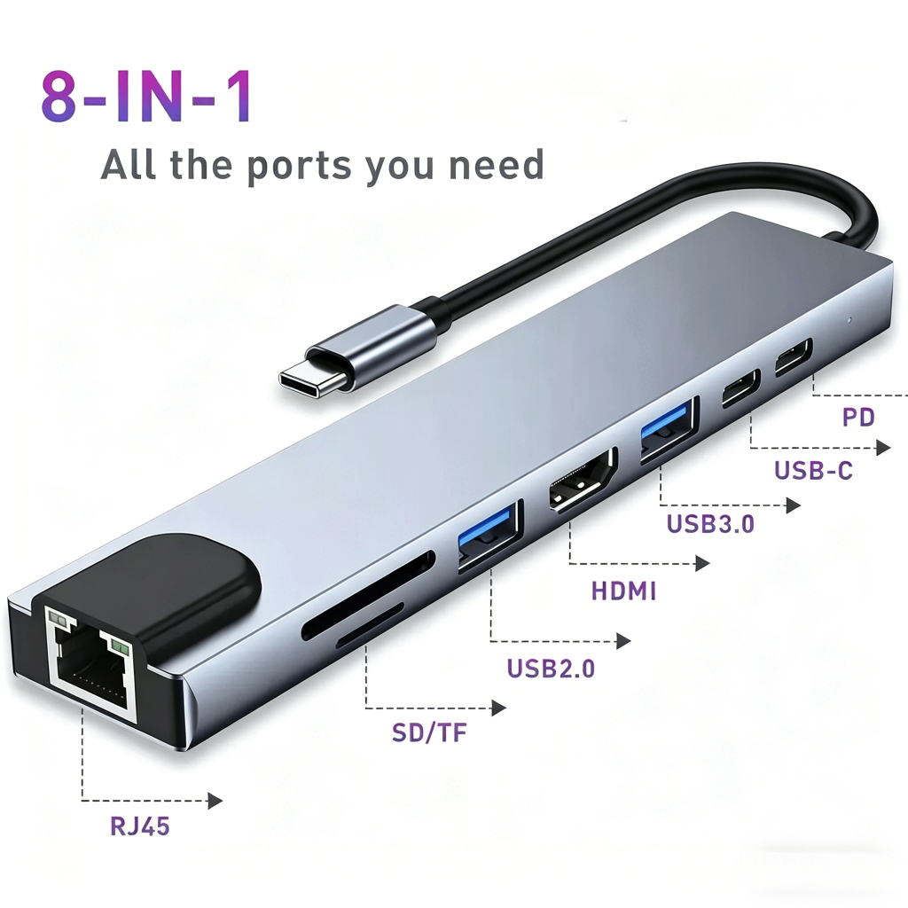 Type C 8 In 1 Hub USB3.0 HDMI RJ45 Ethernet Port SD TF Card Reader Data Transfer