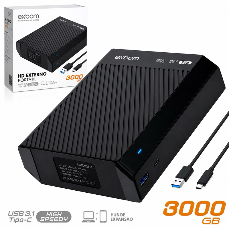 HD Externo 3TB Exbom 3.5” USB 3.1 Type-C Alta Velocidade 3000GB com Hub USB-A USB-C para PC Notebook