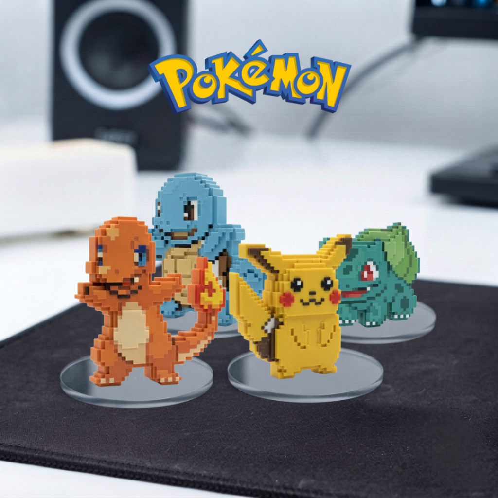 Pokémon em 16-Bit Pixel Art 3D Pikachu Bulbasaur Charizard Mewtwo - Figura Pixelada Decorativa