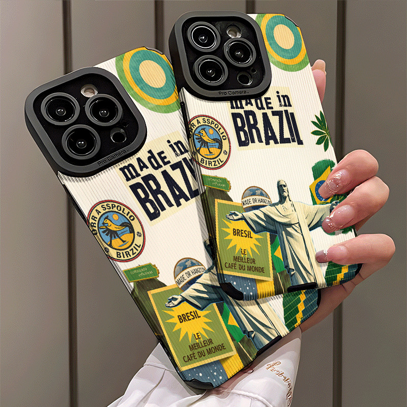 Capa Preta Made in Brazil Colagem Vintage Cristo Redentor Café Tucano Anti‑Queda para iPhone 11 12 13 14 15 16 Pro Max
