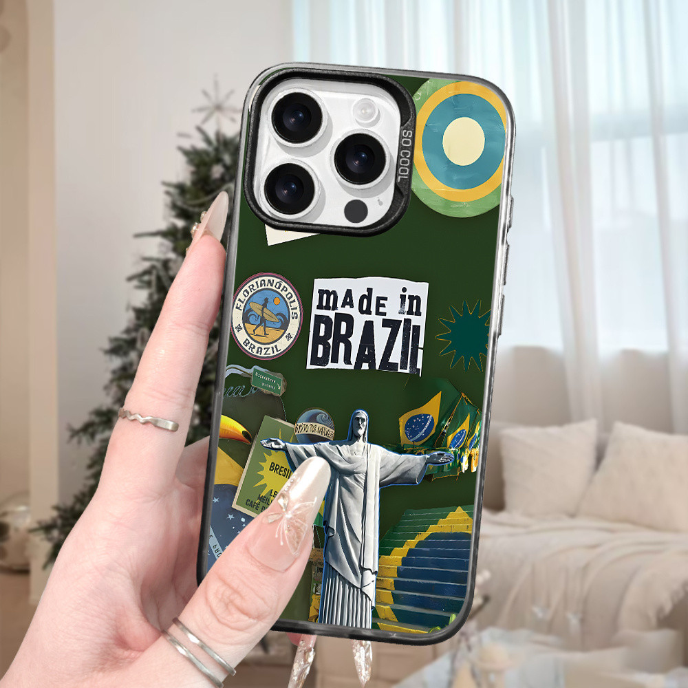 Capa Verde Made in Brazil Colagem Cristo Redentor Adesivos Turismo Anti‑Queda para iPhone 11 12 13 14 15 16 Pro Max