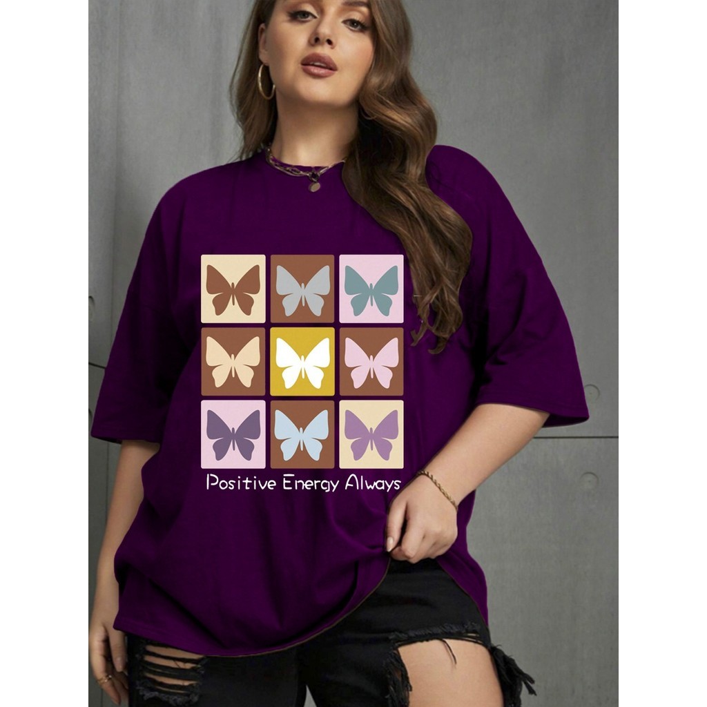 Camiseta Plus Size Moderno Moda Gringa Estampada Frase Positive Energy Aways Silk Borboletas Blusa