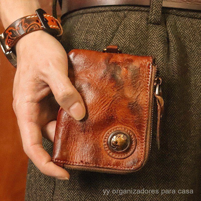[Promoção] Porta-moedas de couro de primeira qualidade para homens, bolsa vintage para chaves, porta-cartões multifuncio