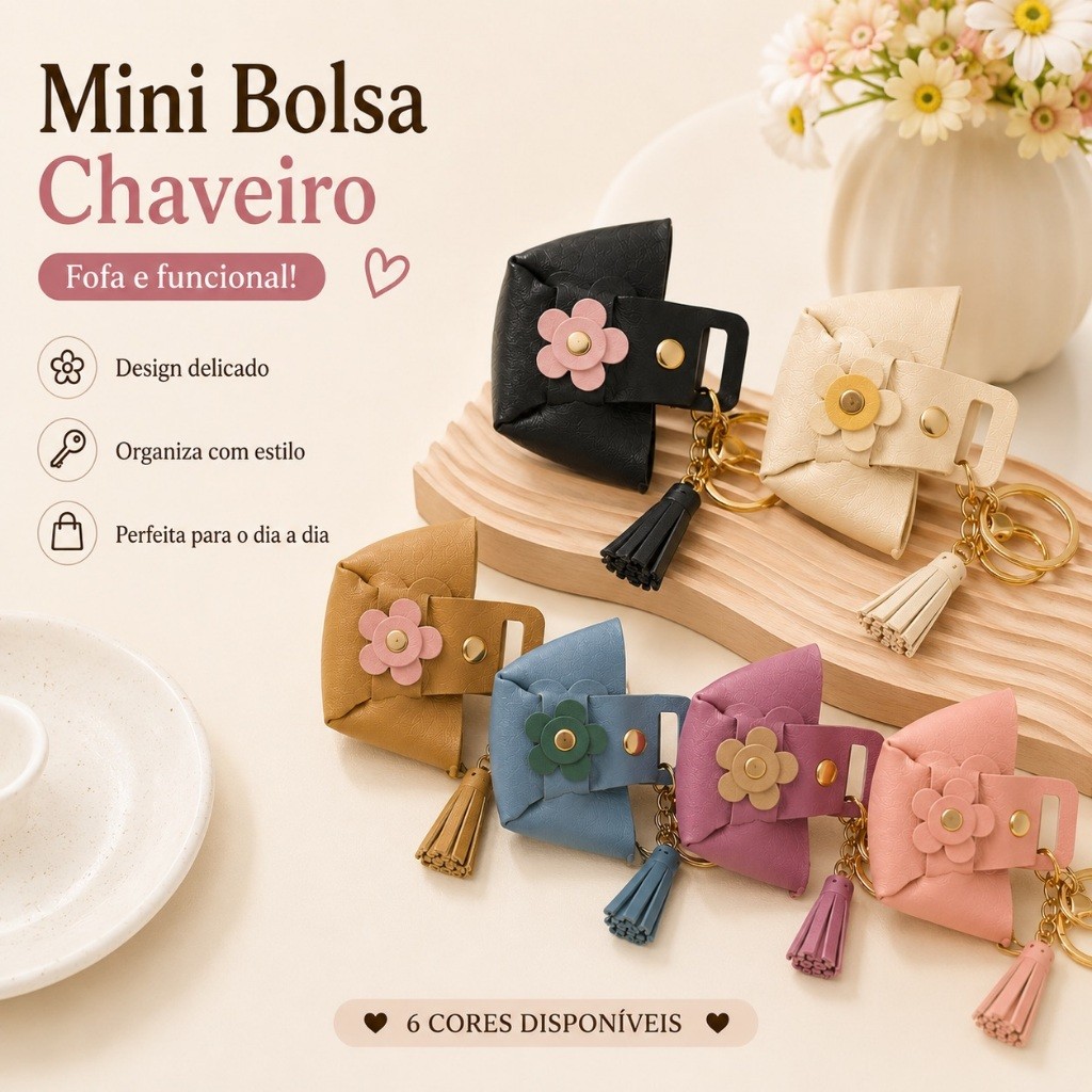 Mini Bolsa Chaveiro Porta-Moedas Feminina com Flor e Tassel 6 Cores para Moedas Chaves e Pequenos Objetos