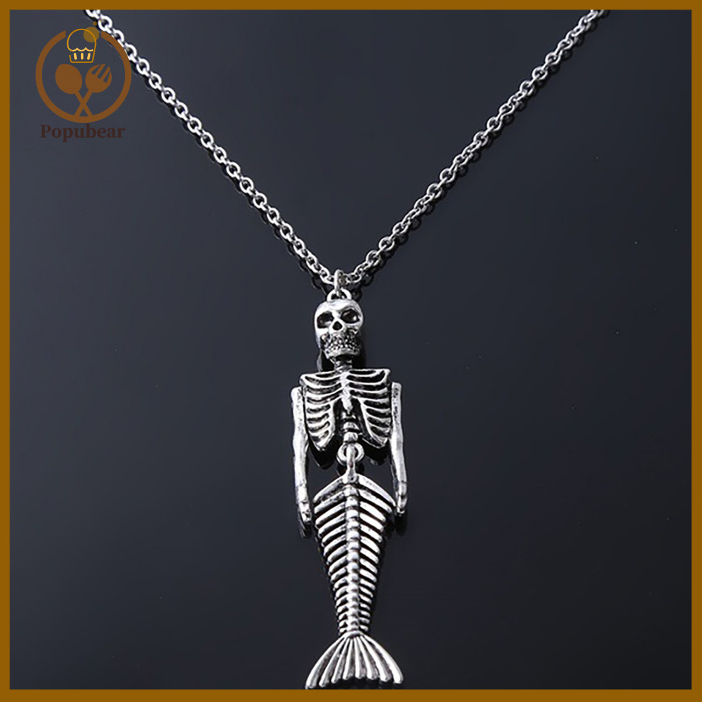 Anniversary Gift for Goth Lovers Silver Fishbone Pendant Jewelry Skull Mermaid Skeleton Necklace Dark Fantasy for Women