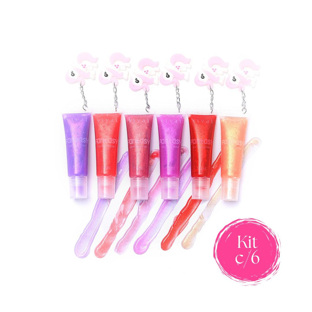 Kit 6 Lip Gloss Glitter Fantasy Vivai 3263.1.1 Com Pingentes Colecionaveis