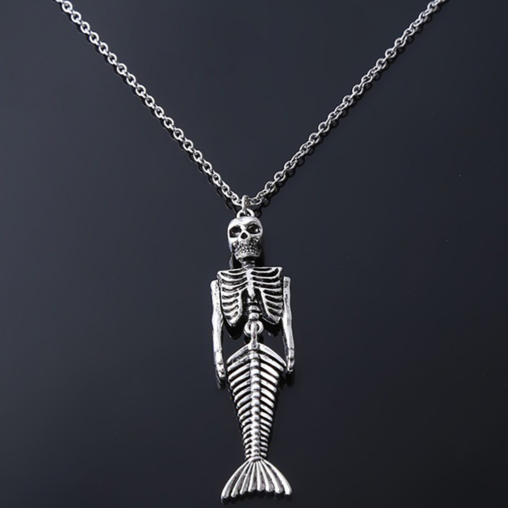 Exotic Dark Pendant Fantasy Ocean Accessory Skull Mermaid Skeleton Necklace Jewelry for Women Unique Halloween Gift Spoo