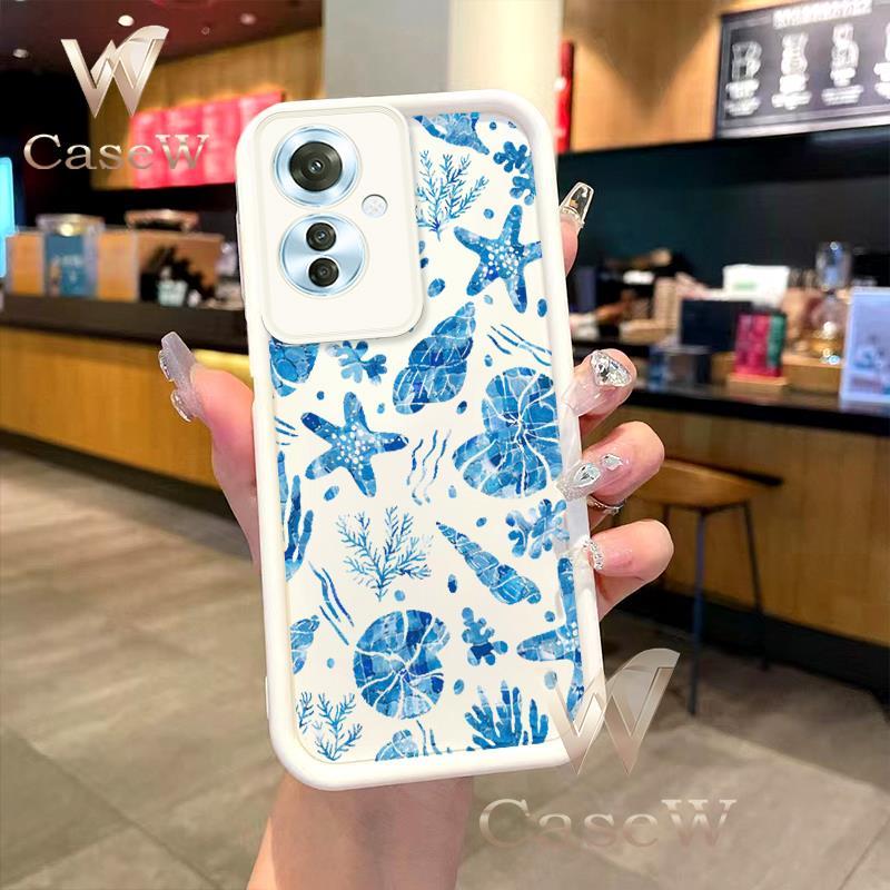 Capa De Telefone Para OPPO RENO 11F/F25 PRO 4G 5G Com Concha Azul Oceano Coral Arte Luxo Macio Macaron Câmera Protetora