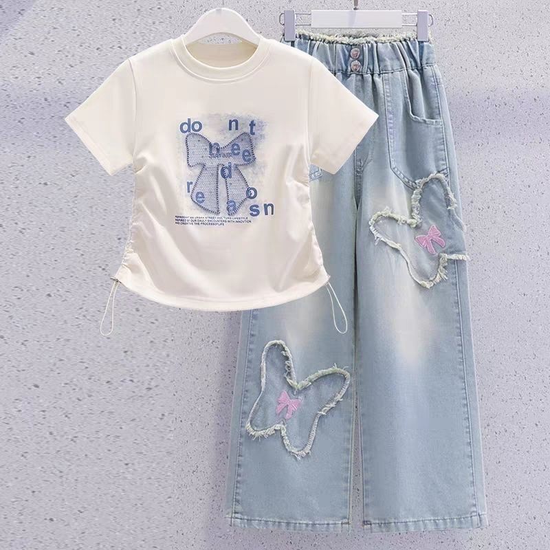 Conjunto De Duas Peças Para Meninas , Camiseta De Manga Curta Infantil De Verão , Jeans Retos , Estilo Ocidental , Crian
