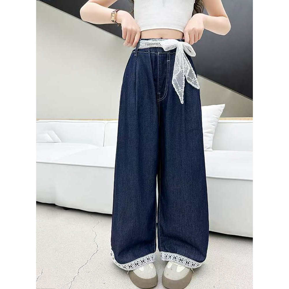 Meninas Tencel Jeans verão estilo fino 2025 novo estilo roupas de verão grandes crianças frito rua cor pura rendas crian